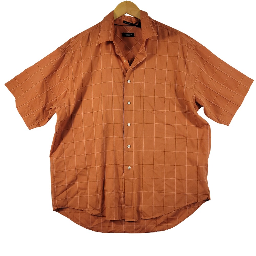 Van Heusen Button Down Shirt Mens XL Orange Windowpane Plaid Wrinkle Free